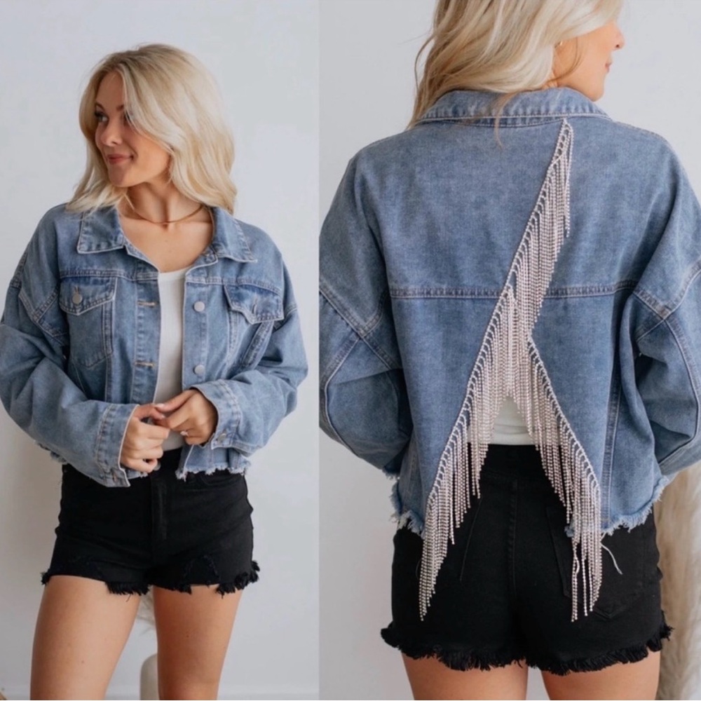Savanna Jane Light Blue Denim Jacket with Rhinestone Fringe